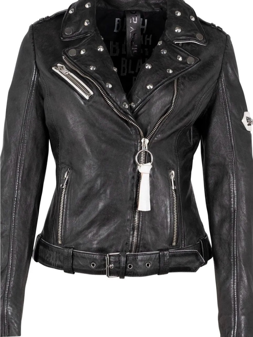 Womens Black Studded Leather Moto Jacket with Belt Mauritius Caru